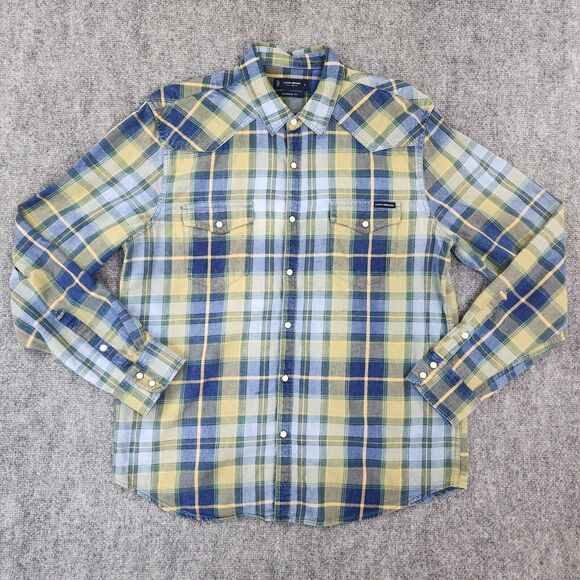 Lucky Brand Shirt Mens Large Indigo Plaid Long Sleeve Western Pearl Snap Button - Picture 1 of 16